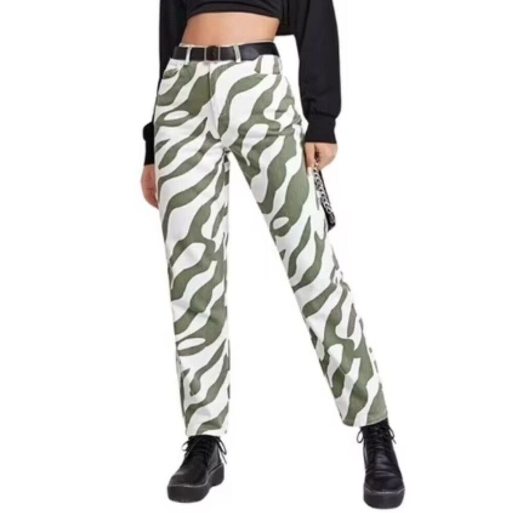 Jeans Womens Size Medium White Green Zebra Print High-Waisted